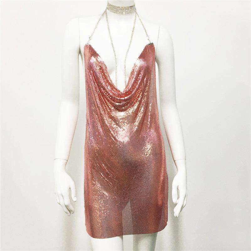 European And American Women's Metal Sequined Dress Sexy Sweet And Spicy Dress Rhinestone Suspender Skirt Women