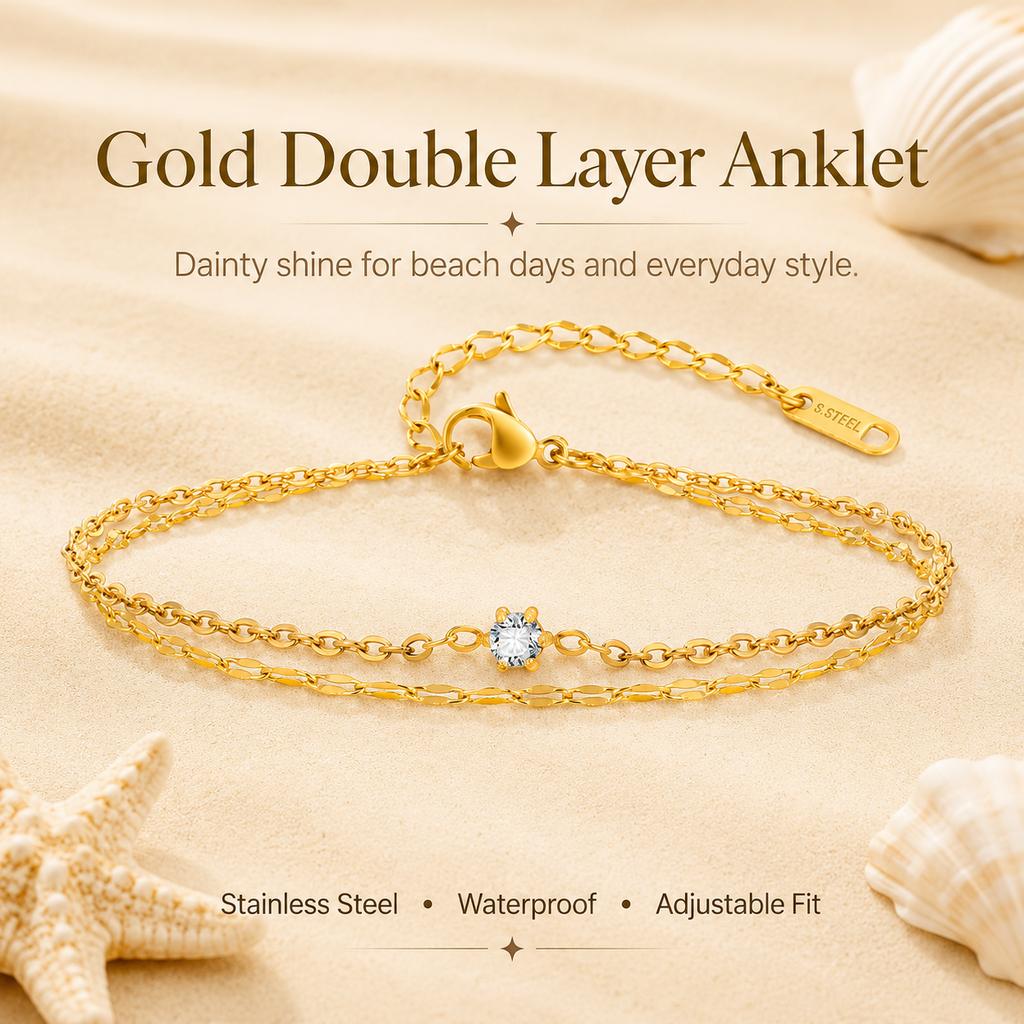 Bracelet de Cheville Superposé Imperméable pour Femmes, Chaîne de Pied Ajustable en Acier Inoxydable Doré avec Zirconia, Bijou