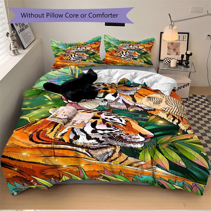 3pcs Tiger Print Duvet Cover Set - Machine Washable, Includes 1 Cover and 2 Pillowcases, No Core Included yy251013008