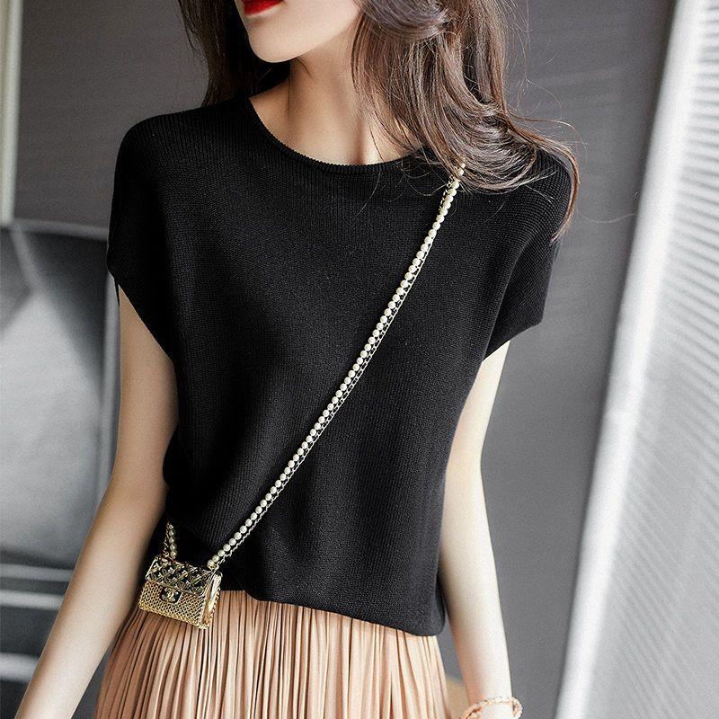 

Women s Simple Elegant Comfortable Basic Knit T Shirt Summer Fashion Round Neck Short Sleeve Solid Loose All Match Pullover Tops S чорний