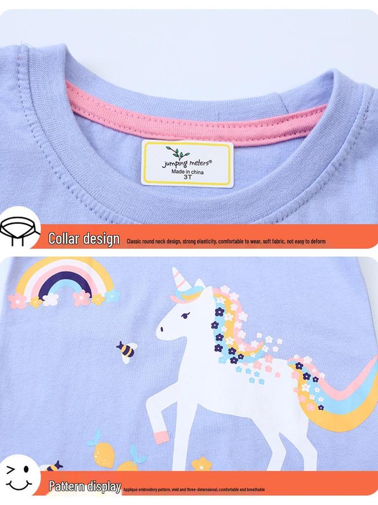 Girls' Cartoon Print Cotton T-Shirt - Short Sleeve, Loose Fit, European & American Style, Summer Base Layer
