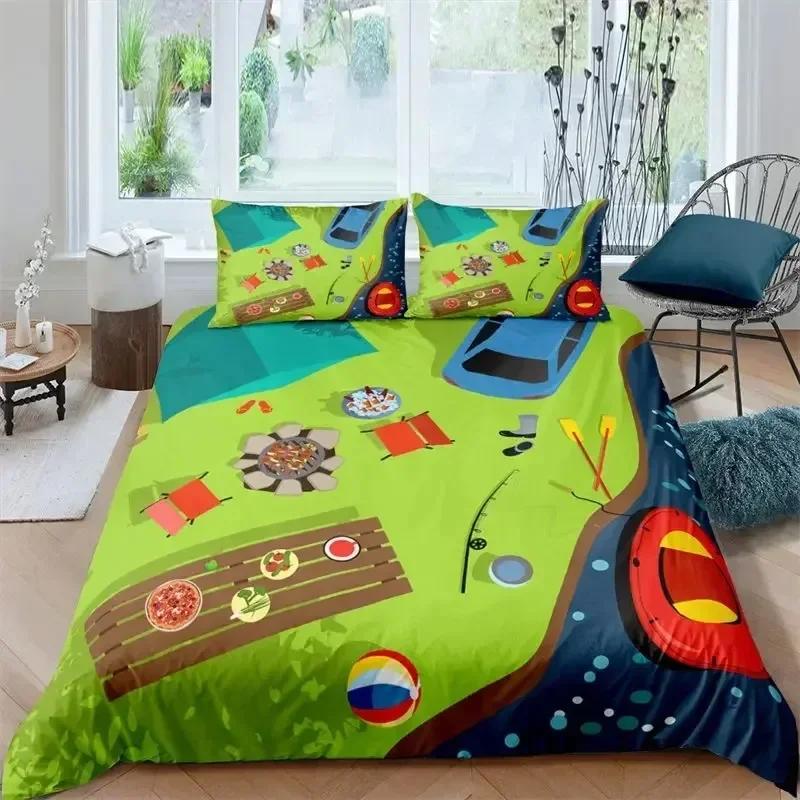 Happy Camping Duvet Cover Queen Cartoon Caravan Camping Bedding Set Farmhouse Style 3D Camper Comforter Cover With Pillowcases02