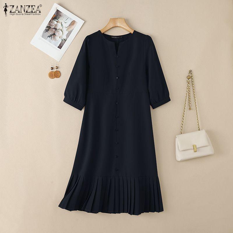 ZANZEA Women Casual V-Neck 3/4 Sleeve Loose Retro Dress
