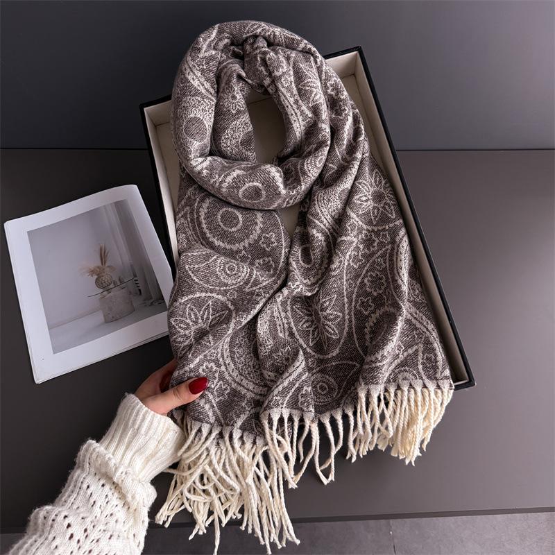 Neck Warmer Scarf For Women Men Winter Thickened Tassel Pashmina Shawl Faux Cashmere Warps Autumn Elegant Cashew Print Blanket
