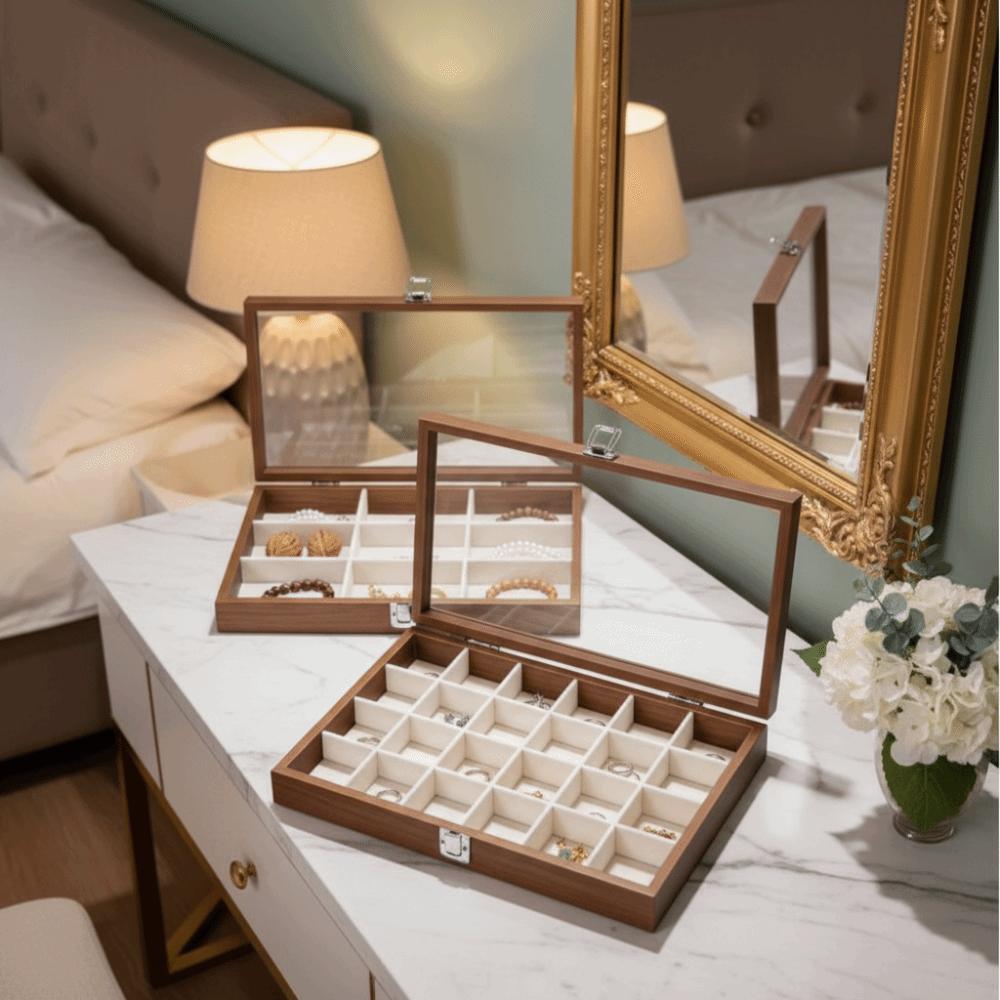 Retro Jewelry Display Tray Decorative Soft Lining Sunglasses Display Holder Visible with Compartments Jewelry Box