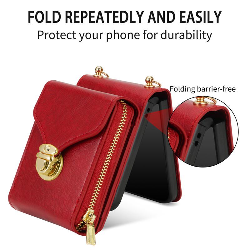 Multifunkční pouzdro na telefon na zip na zip pro Samsung Galaxy Z Flip 6 5 4 3 5G Crossbody Lanyard Kožené pouzdro pro Z Flip6 Flip5 Flip4 Flip3