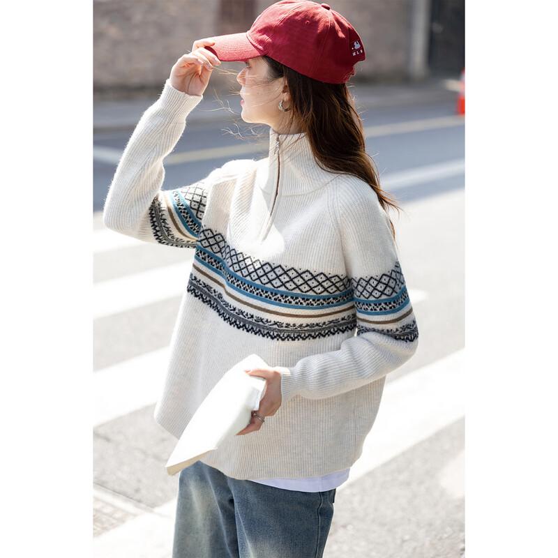 

ITISF4 Relaxed Fit Half-Zip Striped Knit Sweater One Size