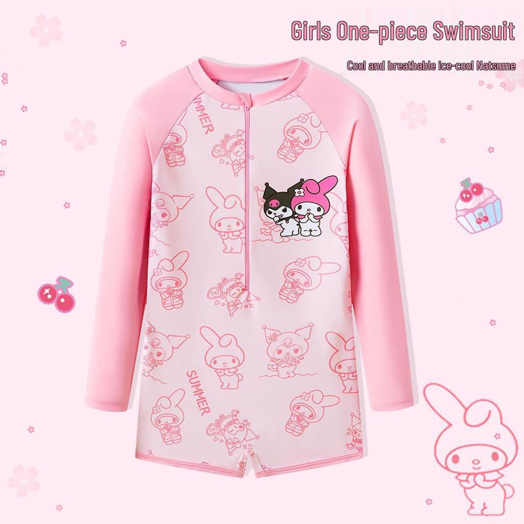 Kuromi Girls' Long Sleeve Sun Protection One-Piece Swimsuit for Kids - Professional Training Boxer Style