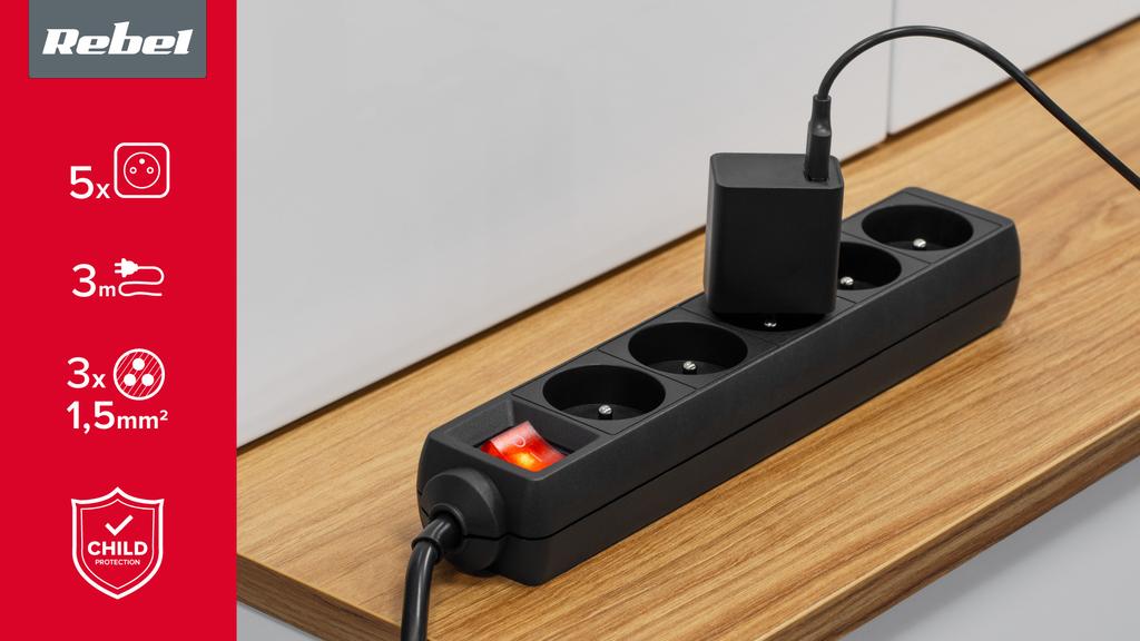 Rebel Extension Cord, 3m, 5 Sockets, 3x1.5mm2