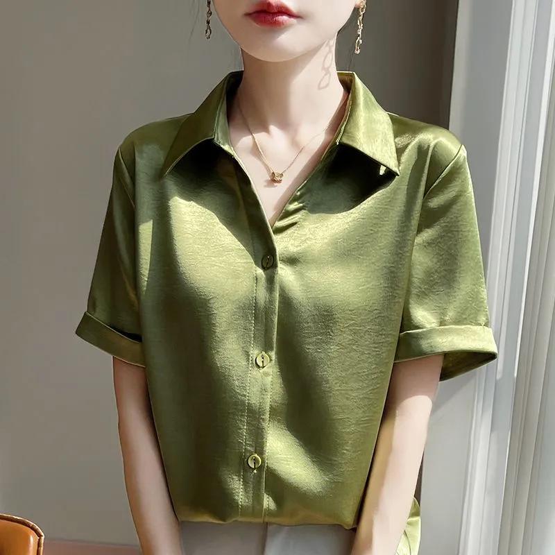 Summer Women Satin Short Sleeve Shirt Elegant Collar Blouse