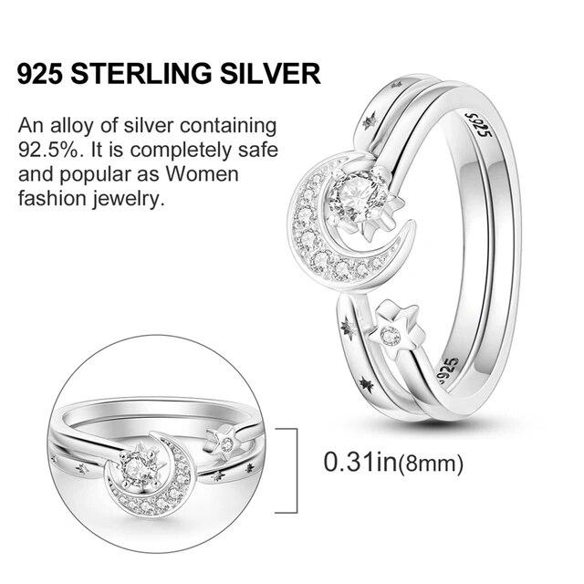 Double Rings Sun With Moon Enamel Zircon Silver Color Finger Rings For Women Girl Female Luxury Party Engagement Jewelry