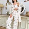 Women's Three-Piece V-Neck Cherry Pajama Set with Lace Trim