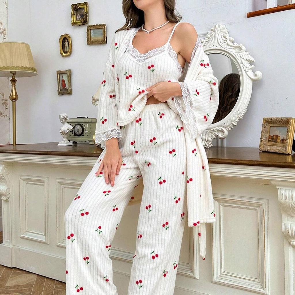 Women's Three-Piece V-Neck Cherry Pajama Set with Lace Trim