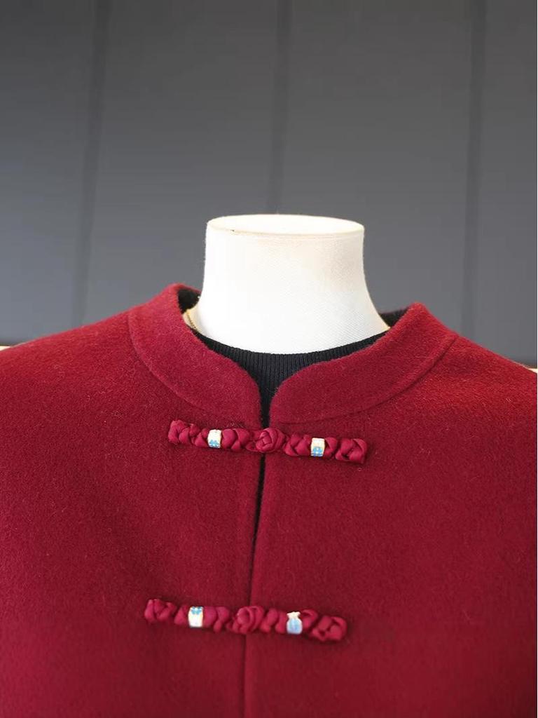 Year of the Rat Red Wool Coat with Cotton Padding, Mid/Elderly Autumn/Winter Little Xiang Style