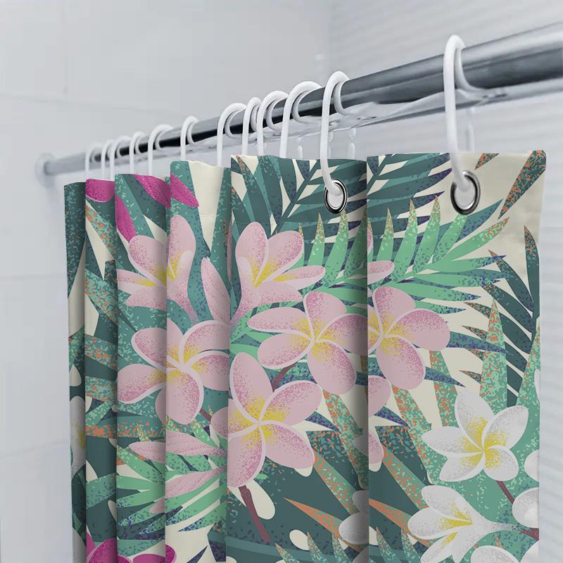 Bright Floral Greenery Shower Curtain Waterproof Fabric Decorative Bath Hanging For Bathroom, Pink White Flowers On Blue Backgro