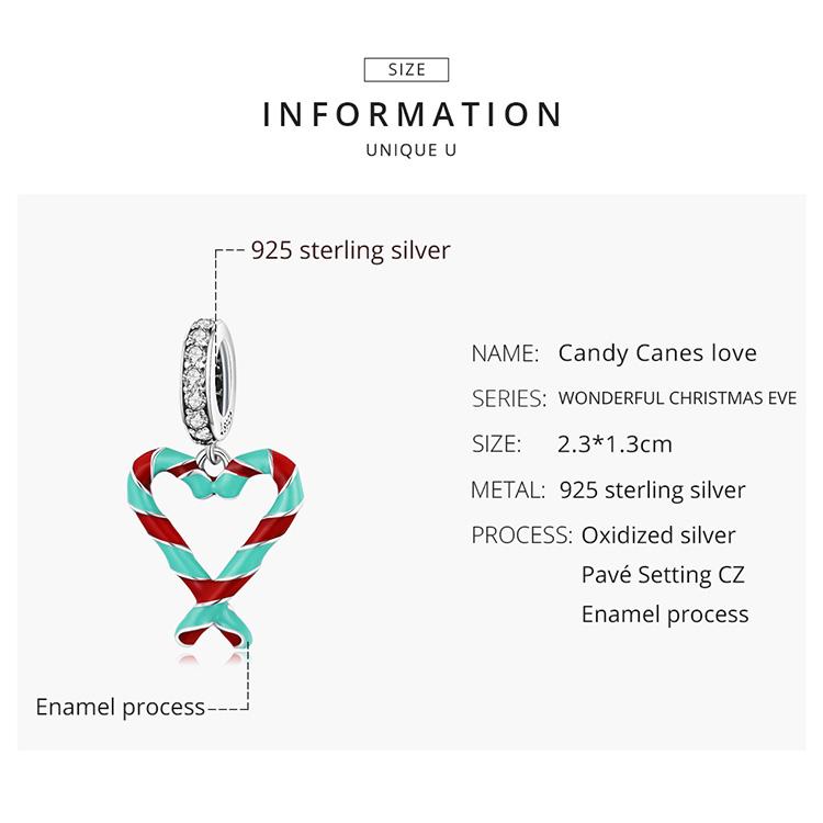 Bamoer 925 Sterling Silver Candy Canes Love Pendant Fit for Women Bracelet & Bangle Christmas Gift