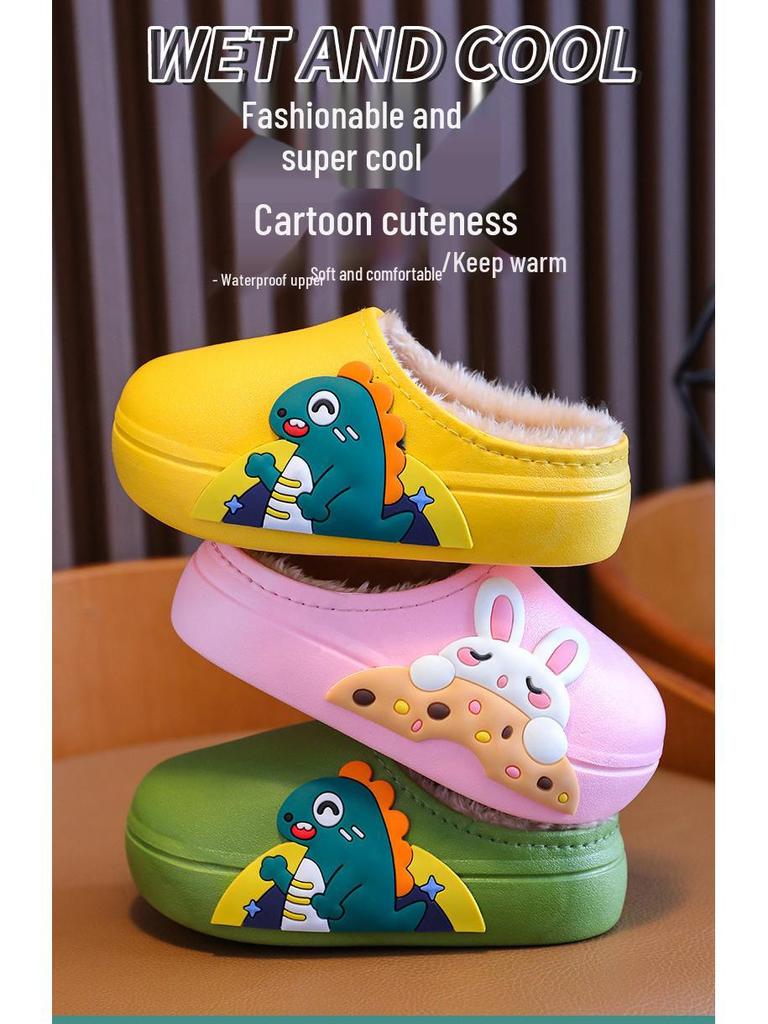 Rabbit & Dinosaur Kids' Cotton Slippers - Waterproof, Non-Slip, Thickened Cartoon Fur for Autumn & Winter. Suitable for Boys & Girls.