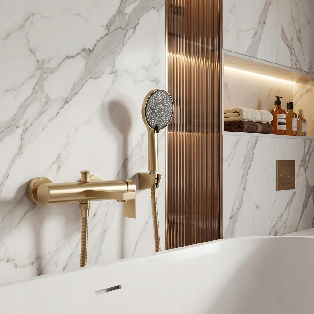 Hunter Gold Brushed Bathtub and Shower Mixer Tap with Spout and Handset