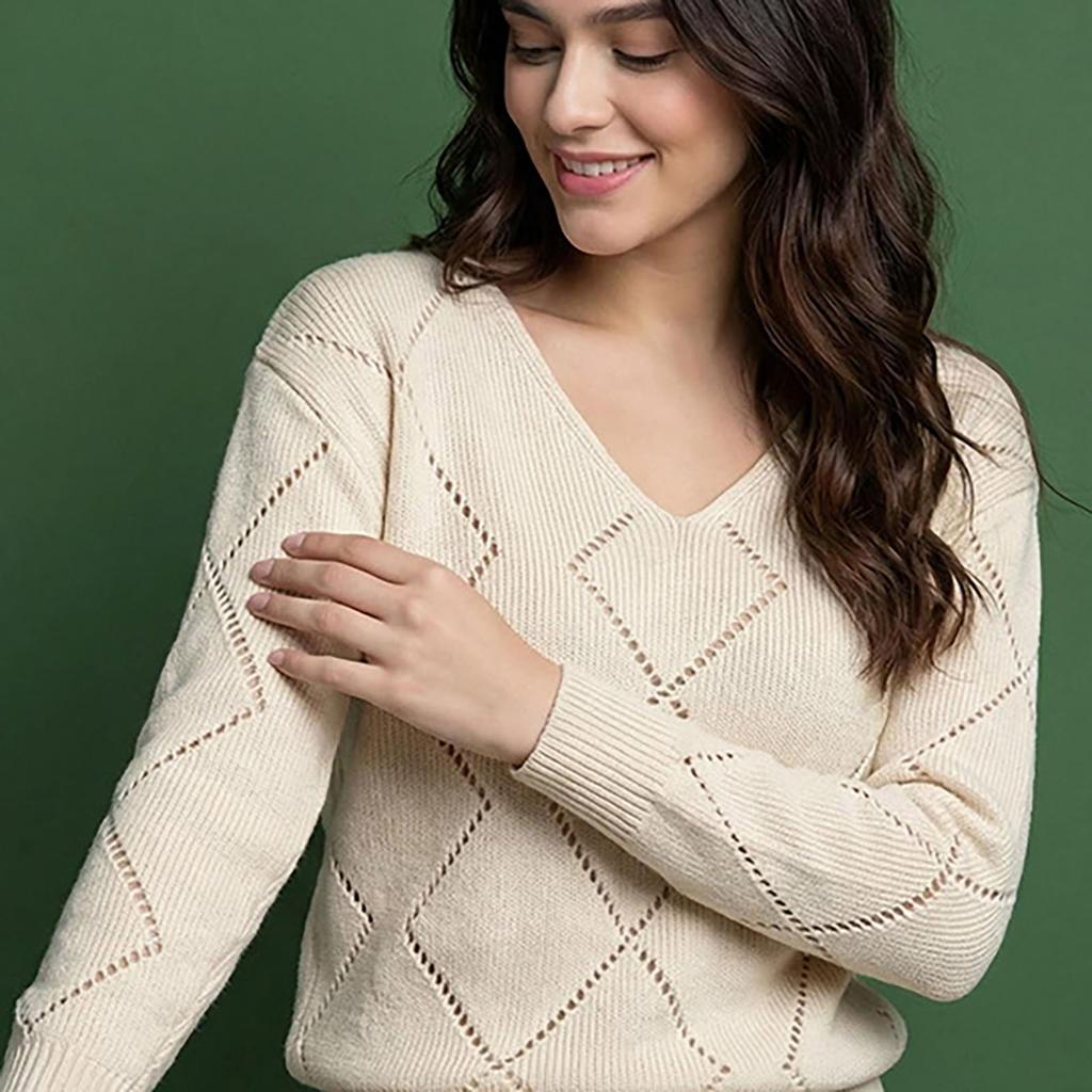 Women's Long Sleeve Openwork Knit Sweater Casual Pullover