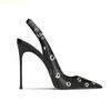 Fashion Metal Buckle Hollow Black Leather Sandals 2025 Spring New Style Women Stiletto Heels Shallow Pointed Toe Summer Fashion Sandals
