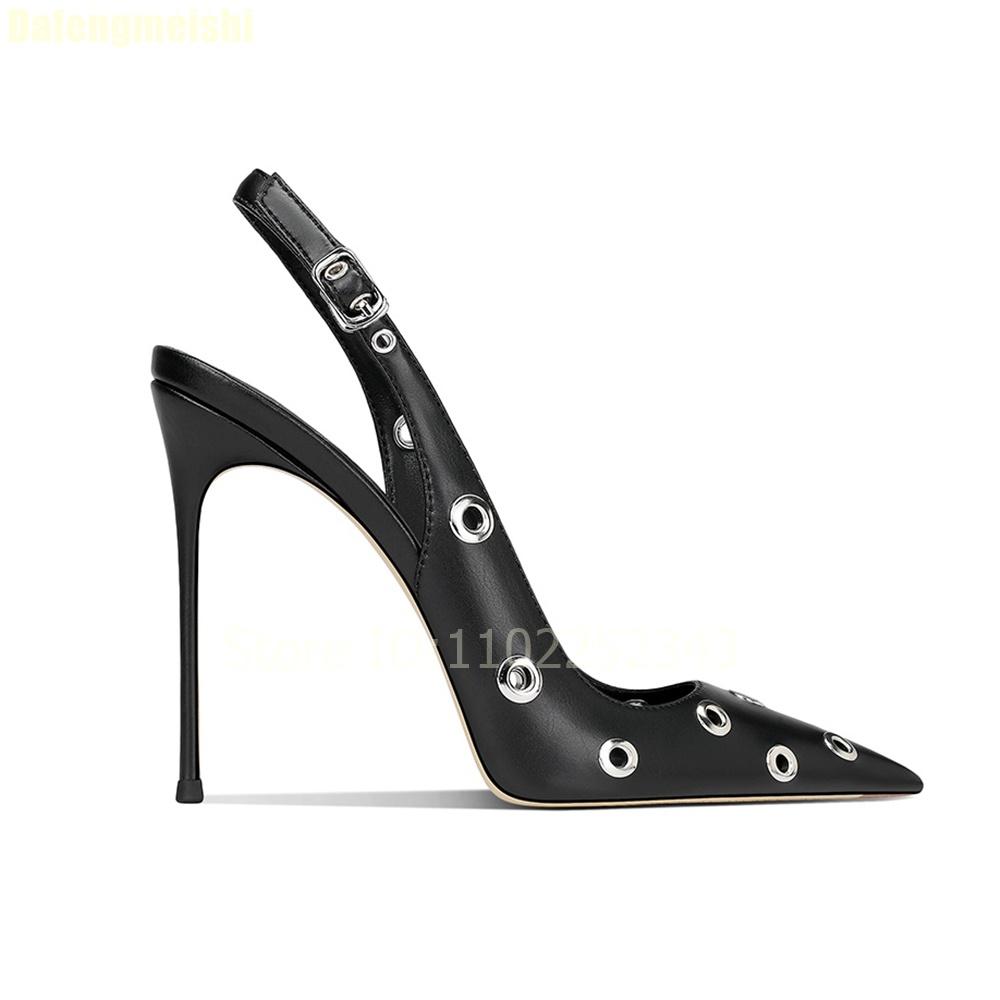 Fashion Metal Buckle Hollow Black Leather Sandals 2025 Spring New Style Women Stiletto Heels Shallow Pointed Toe Summer Fashion Sandals