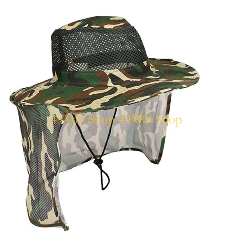 49MD Camouflage Mesh Sun Hat for Various Age Breathable Fisherman Hat with Neckflap Sweat Absorbent Hat for Outdoor Activity