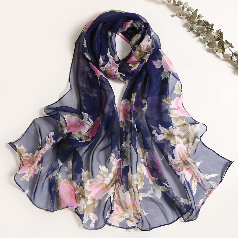 Floral Printed Chiffon Silk Scarf Woman Spring Summer Shawl Light Thin Scarves Sun Protection Wrap Ladies Beach Headband