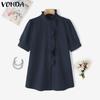 VONDA Women Ruffled Stand Neck Short Sleeve Buttons Up Casual Blouse