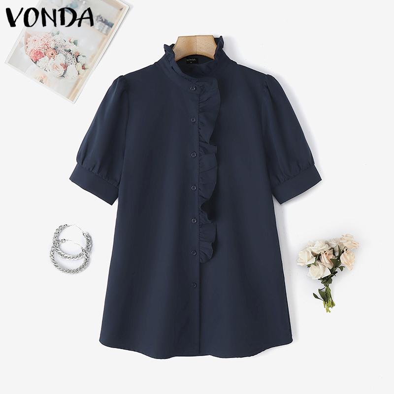 VONDA Women Ruffled Stand Neck Short Sleeve Buttons Up Casual Blouse