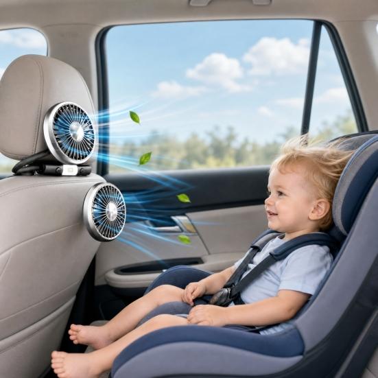 Dual Head Car Fan, Built-in Lighting, 360-degree Adjustable 3 Speed USB Seat Cooling Fan, Low Noise Truck SUV RV Accessory