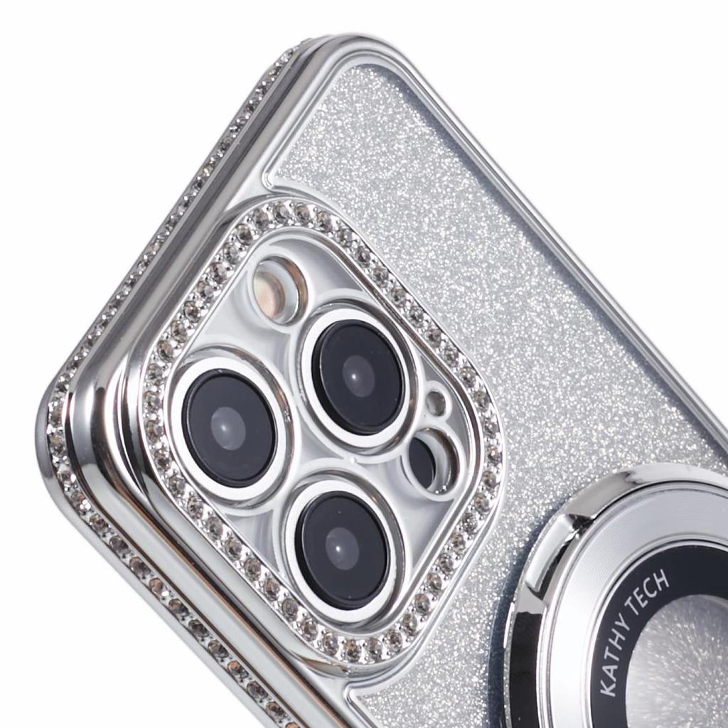 For iPhone 15 Pro Max Ring Holder Case Rhinestone Decor Glitter Sparkle TPU Phone Cover