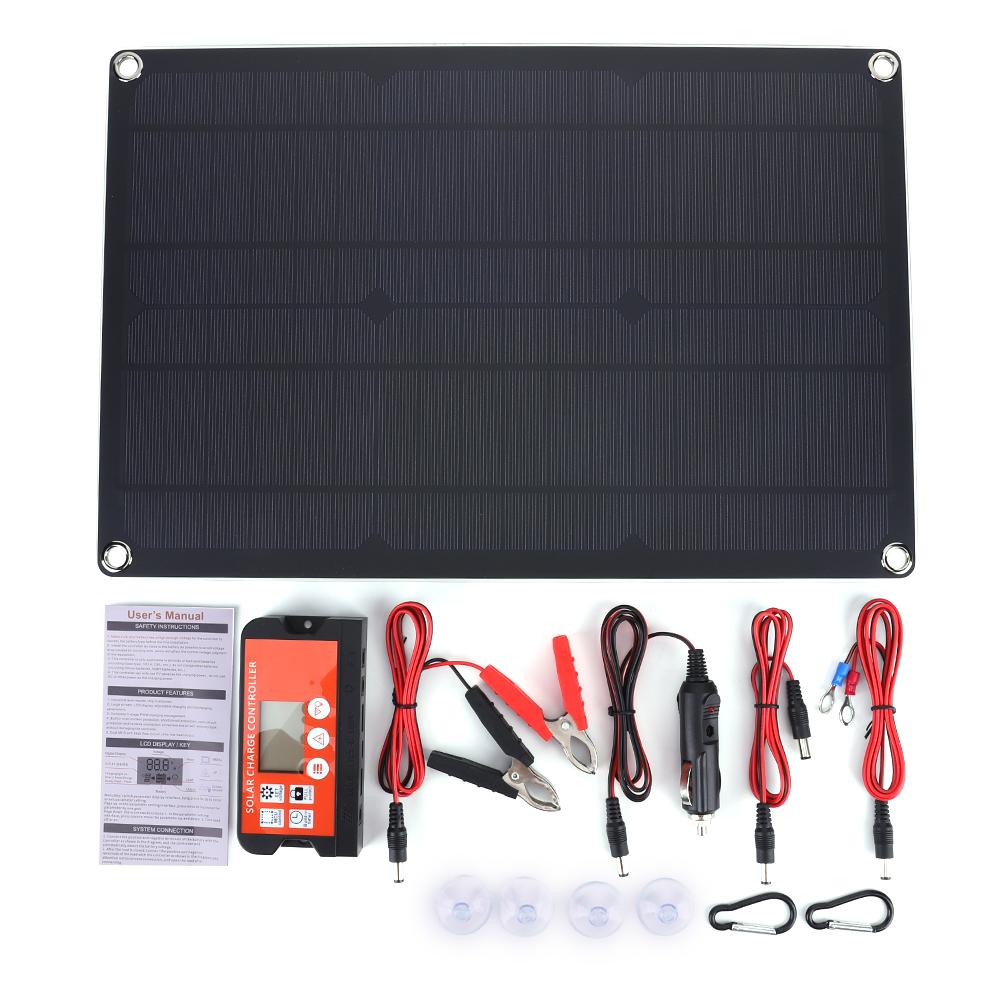 

20W 12V Solar Car Battery Charger with Solar Charge Controller Portable Solar Power Battery Charger for Car Boat Automotive RV чёрный