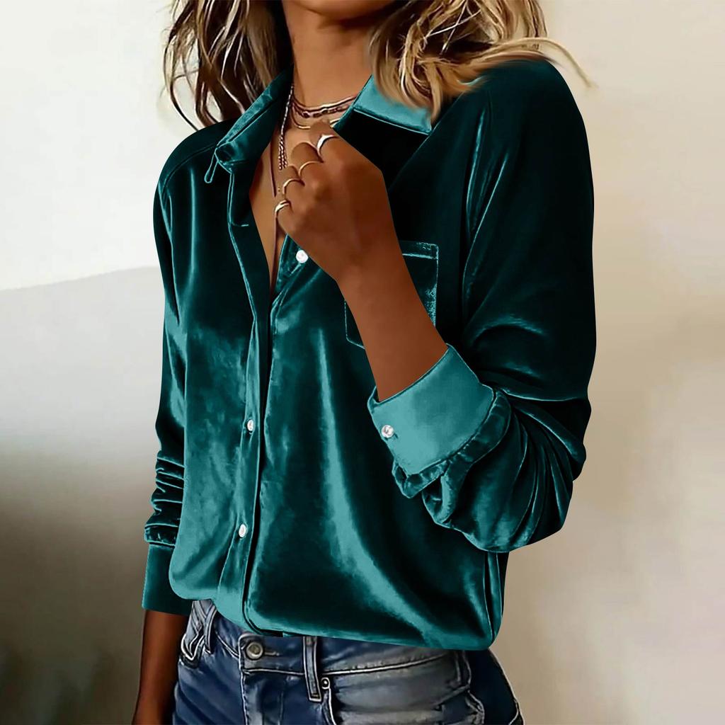 Damen Modisches Lässiges Langärmliges Kragenhemd Top aus Samt Übergröße