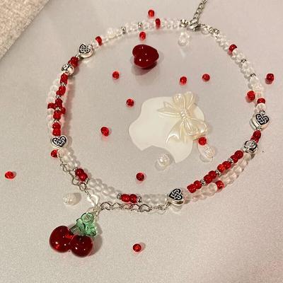 Y2K Rote Kirsche Herz Perlen Halsband Halskette Frauen Boho Perlen Kirsche Anhänger Halsketten Vintage Unregelmäßige Egirl Halskette Schmuck