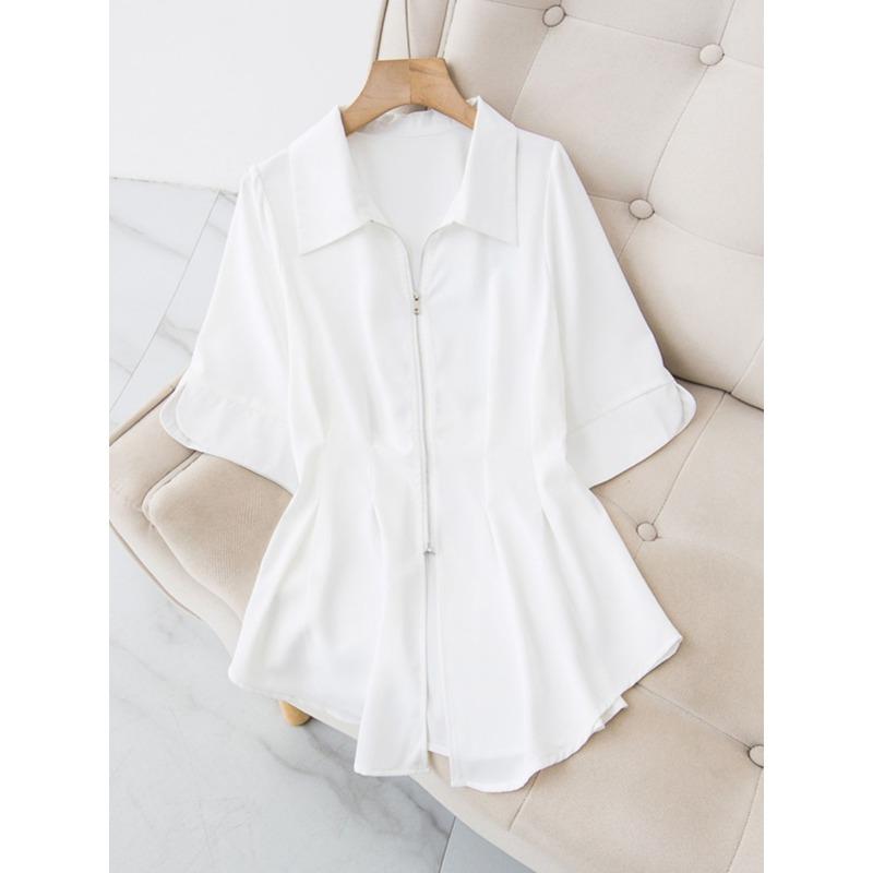 Ladies Irregular Zipper Short-sleeved Shirt Plus Size  Slim Waist Blouse