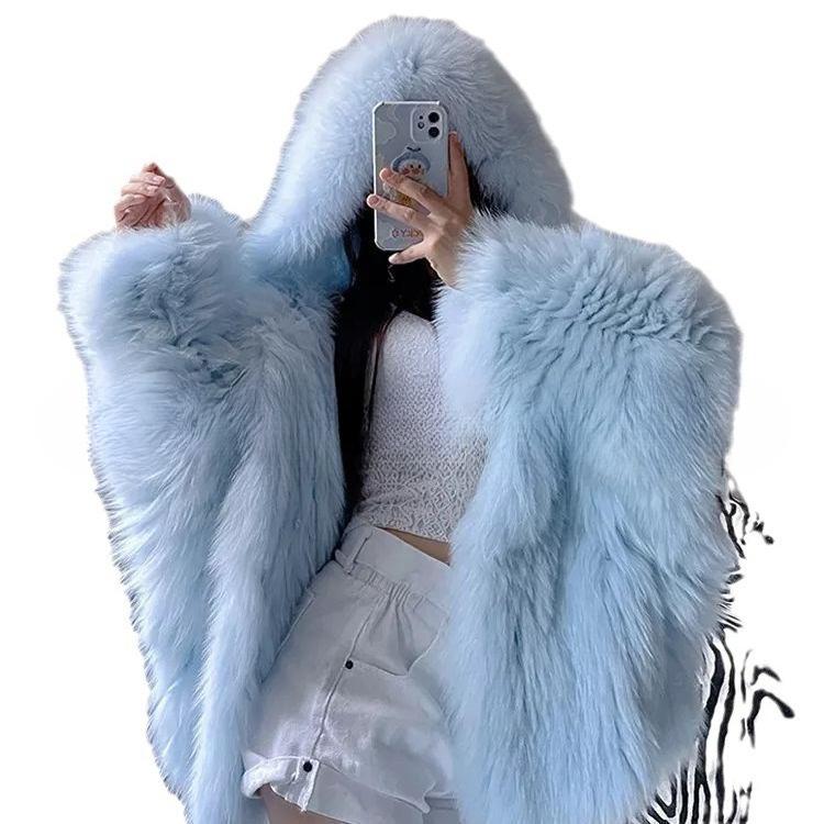 Autumn Winter Oversized White Black Warm Shaggy Hairy Faux Fur Coat Women with Hood Loose Casual Fluffy Jacket
