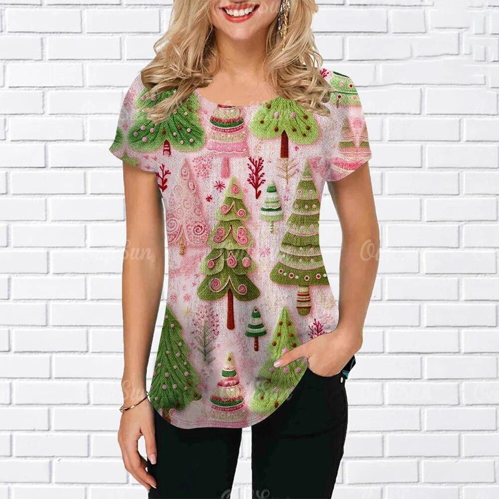 Summer Round Neck 3D Christmas Print Top Fashionable Casual Short Sleeved Women's T-shirts