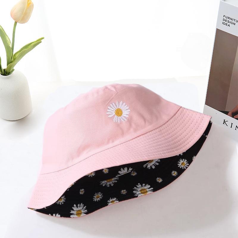 Double-sided Fisherman Hat Sun Protection Cap Cotton Outdoor Sun Hats Daisy Flower Print Student Pot Hat