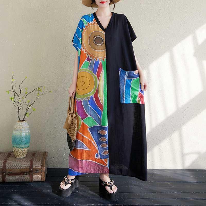 Damen Baumwolle und Leinen Retro Schlankmachendes Kurzarm Color-Blocked Kleid