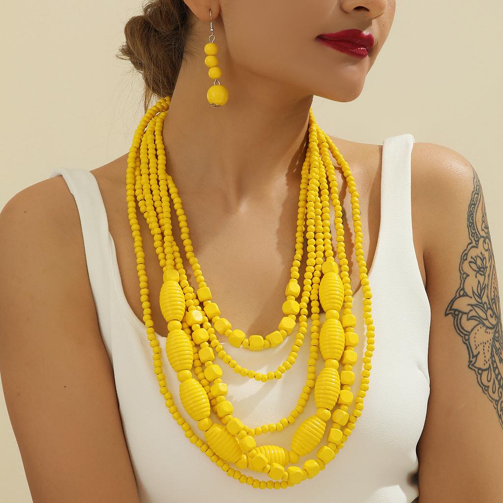 Colorful African Style Multi-Layer Wooden Bead Zircon Sets Chokers Necklace Colorful Bohemian Necklace Earrings Set Party Jewel