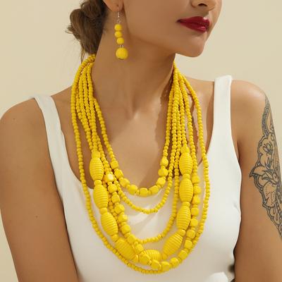 Colorful African Style Multi-Layer Wooden Bead Zircon Sets Chokers Necklace Colorful Bohemian Necklace Earrings Set Party Jewel