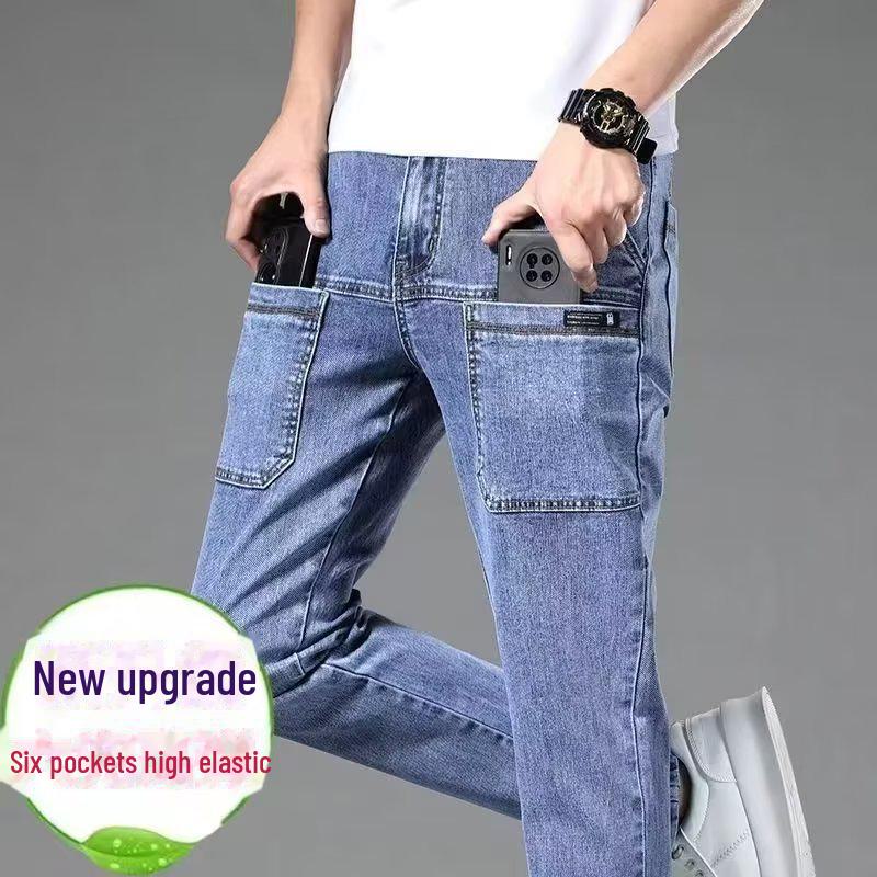 

Мужские эластичные рабочие брюки из денима с несколькими карманами - повседневный осенний стиль 32