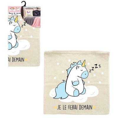 [Q2405] - Cotton Cushion Cover 'Licorne My Unicorn' Beige Blue (I Will Do It Tomorrow) - 40x40 Cm