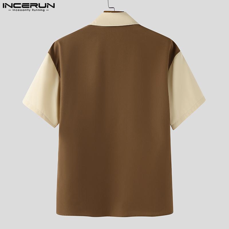 INCERUN Oversized Men Lapel Neck Patchwork Buttons Casual Shirts