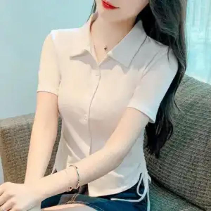 

Women s Summer White Polo Collar Side Drawstring Crop Topop M білий
