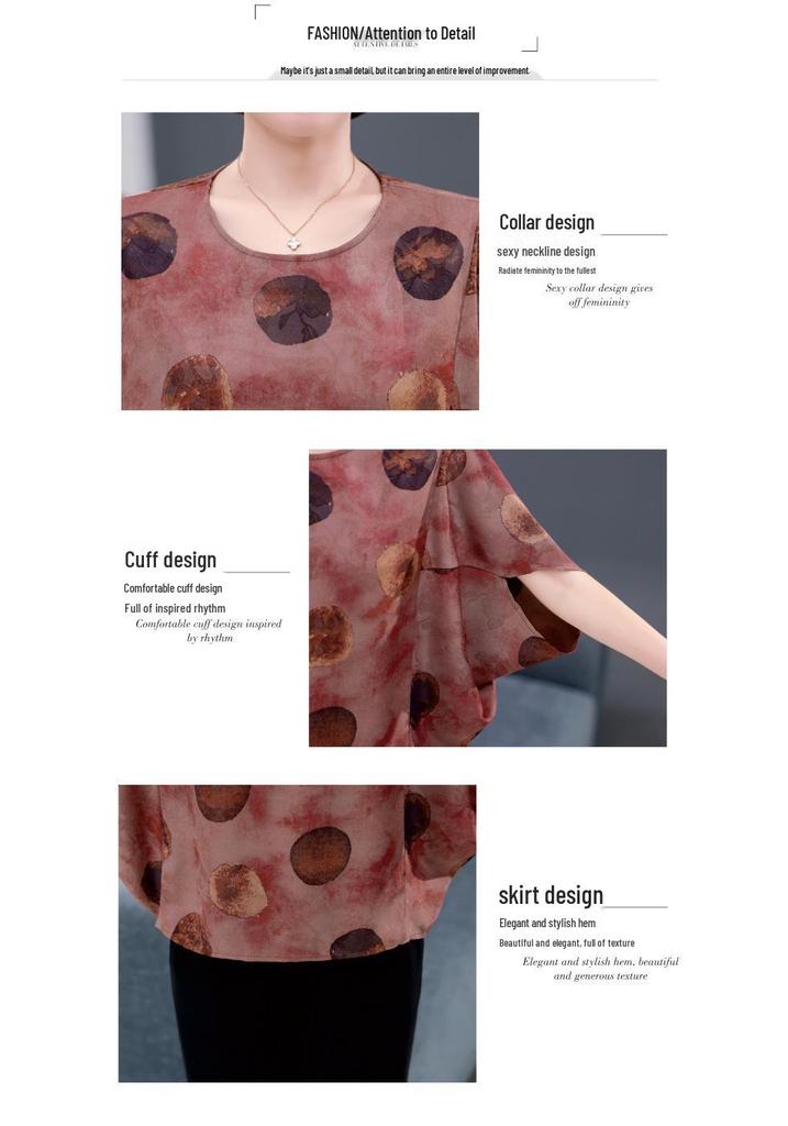 Stilvolles Sommer-T-Shirt mit Aufdruck für Frauen mittleren und höheren Alters – Seidenimitat, Kühlender Rundhalsausschnitt, Lockere Passform