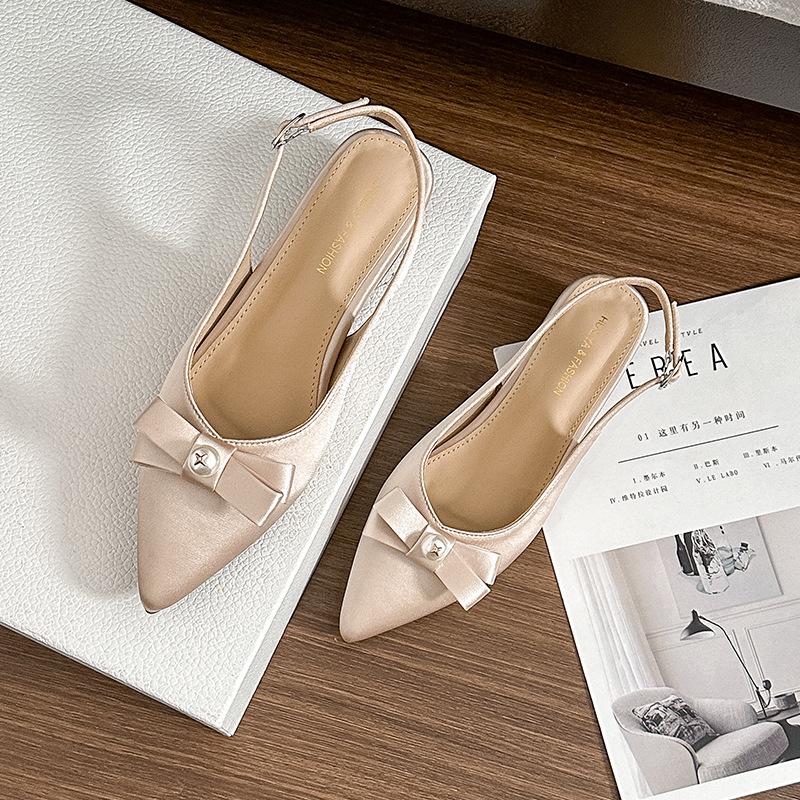 

W5399-7 туфли-лодочки с острым носком и открытой пяткой, 2025 новая летняя модель, жемчужная пряжка на ремешке, низкий каблук 40 шампанского