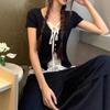 Pure desire wind short-sleeved t-shirt women's summer ootd wear new black lace design beautiful small top