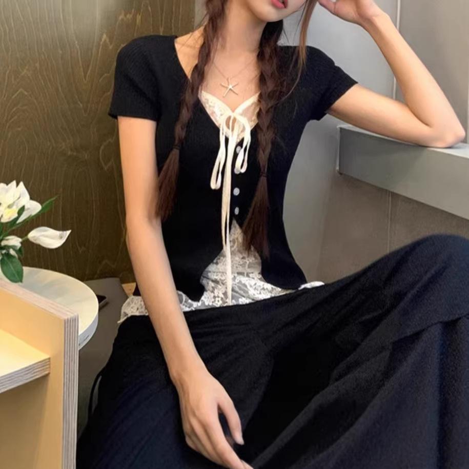 Pure desire wind short-sleeved t-shirt women's summer ootd wear new black lace design beautiful small top