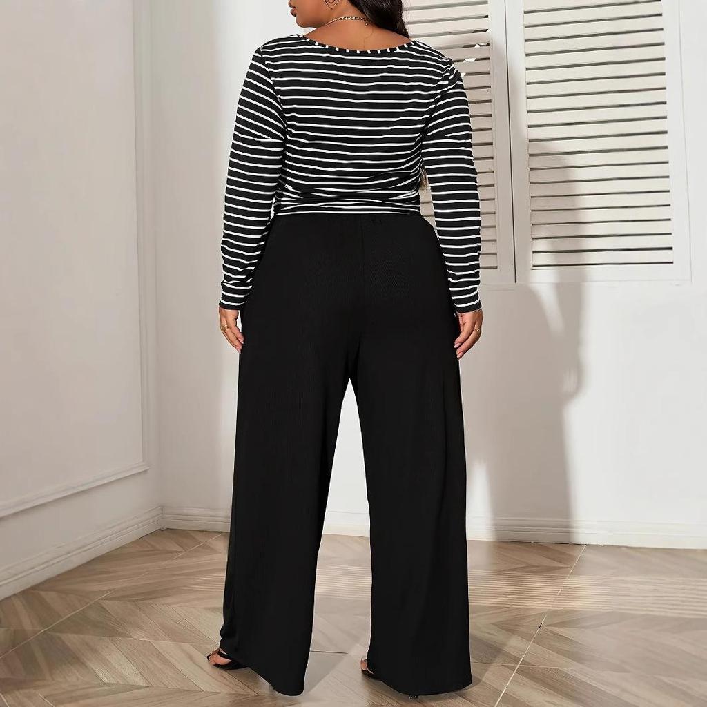 Women's Plus Size Casual Striped Long Sleeve Top Long Pants Suit